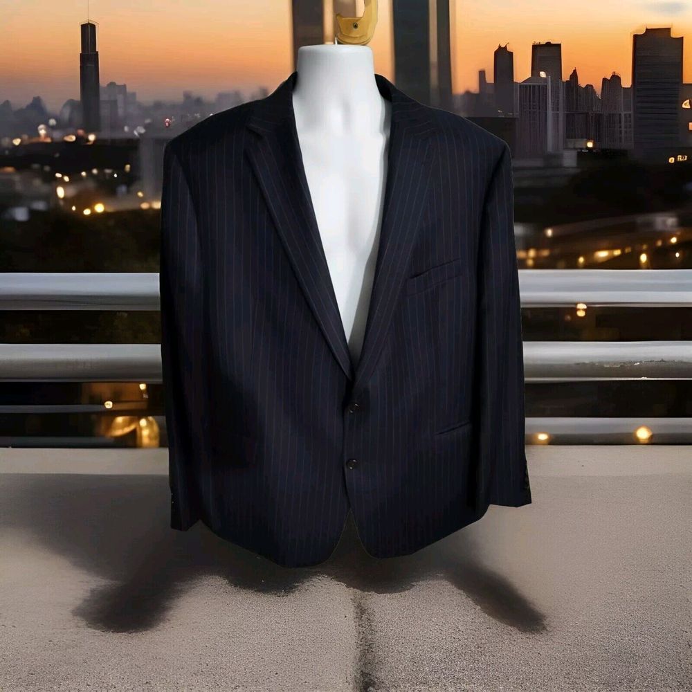 Lauren Ralph Lauren Mens Blazer 48R 100% Wool 2-Button Navy Blue Pin Striped 852